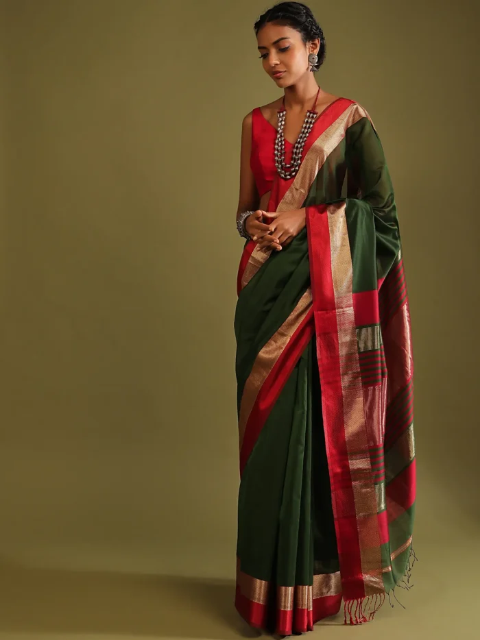 cypress-green-saree-in-tussar-silk-with-gold-and-red-woven-border-and-striped-pallu-1.webp