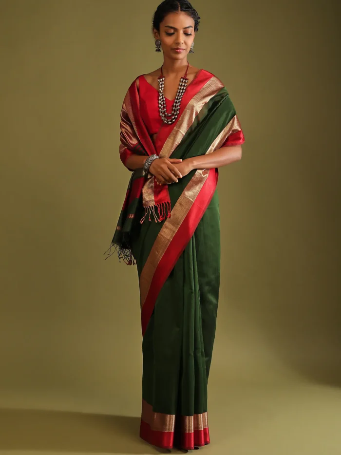 cypress-green-saree-in-tussar-silk-with-gold-and-red-woven-border-and-striped-pallu1.webp